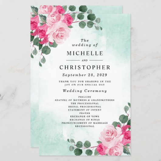 ピンクと緑の水色のフローラ結婚式 プログラム (正面/裏面)