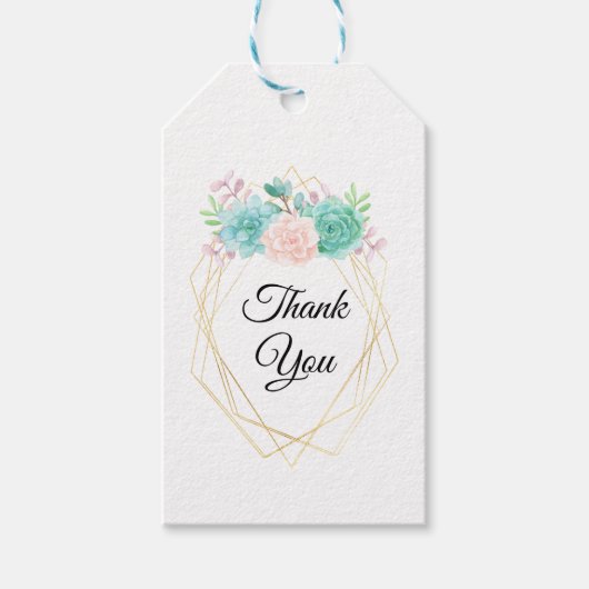 ピンクと緑の水色の多肉植物ありがとう ギフトタグ (正面)