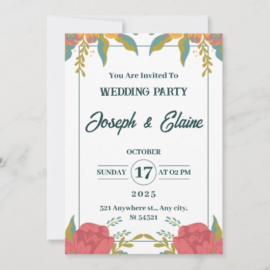 ピンクと緑の水色の結婚式の花 招待状 (正面)