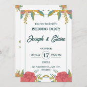 ピンクと緑の水色の結婚式の花 招待状 (正面/裏面)