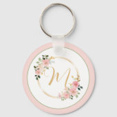ピンクと緑の水色フローラリースモノグラム キーホルダー (正面)