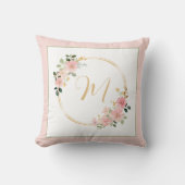 ピンクと緑の水色フローラリースモノグラム クッション (正面)