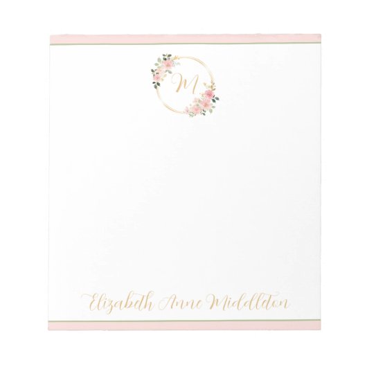 ピンクと緑の水色フローラリースモノグラム ノートパッド (正面)