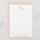 ピンクと緑の水色フローラリースモノグラム 便箋 (正面/裏面)