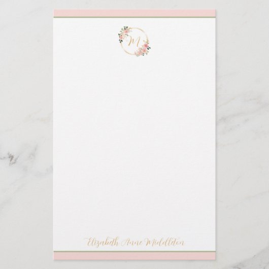 ピンクと緑の水色フローラリースモノグラム 便箋 (正面)