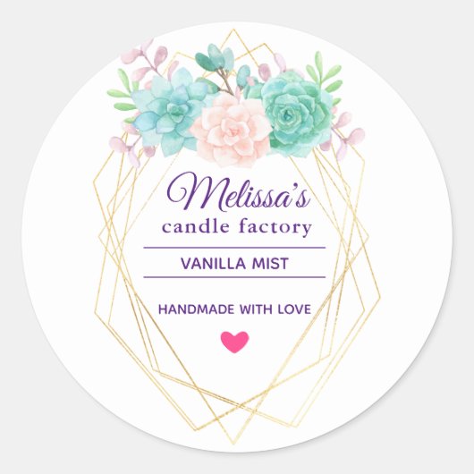 ピンクと緑の水色多肉質キャンドルソープ ラウンドシール (正面)