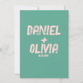 ピンクと緑の波打つ結婚式の日付を保存 セーブザデート (裏面)