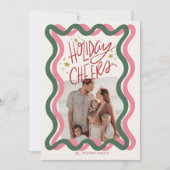 ピンクと緑の波状フレーム2写真クリスマス シーズンカード (正面)