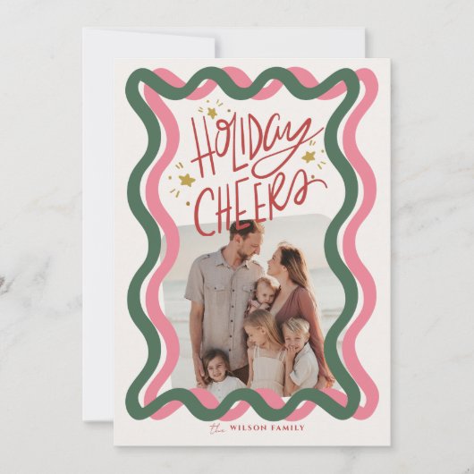 ピンクと緑の波状フレーム2写真クリスマス シーズンカード (正面)