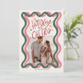 ピンクと緑の波状フレーム2写真クリスマス シーズンカード (スタンド正面)