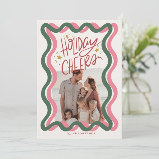 ピンクと緑の波状フレーム2写真クリスマス シーズンカード (スタンド正面)