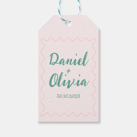 ピンクと緑の波状結婚の ギフトタグ (正面)