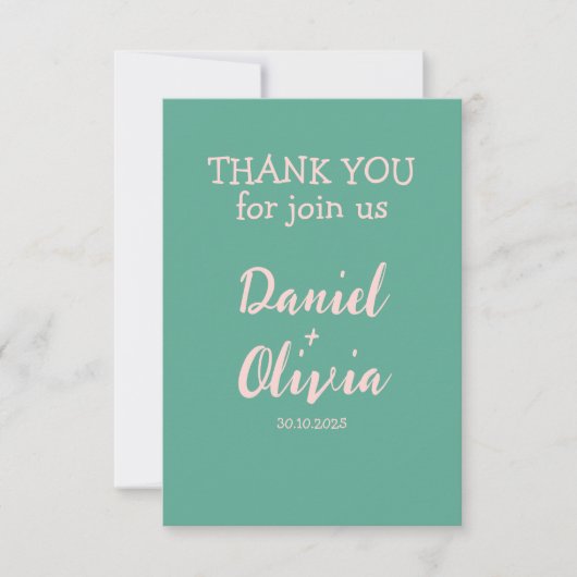 ピンクと緑の波状結婚の サンキューカード (正面)