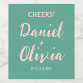 ピンクと緑の波状結婚の ワインラベル (シングルラベル)