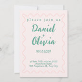 ピンクと緑の波状結婚の 招待状 (正面)