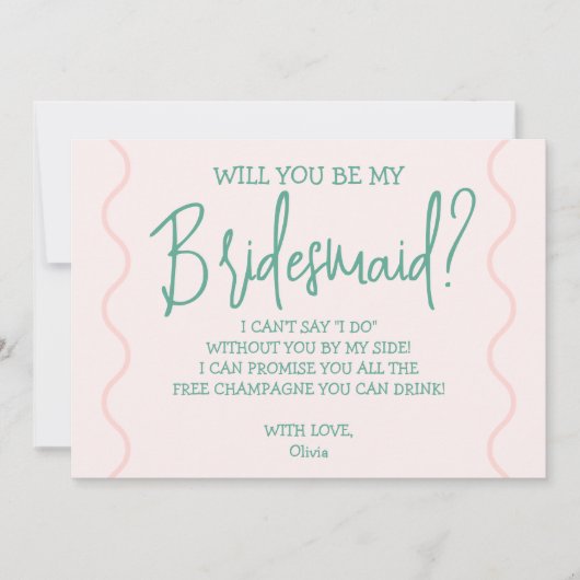 ピンクと緑の波状結婚の 招待状 (正面)