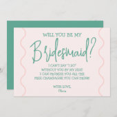 ピンクと緑の波状結婚の 招待状 (正面/裏面)