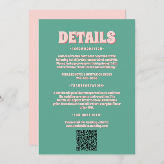 ピンクと緑の波結婚状のエンクロージャ 招待状 (正面/裏面)