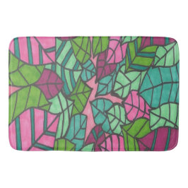 ピンクと緑の熱帯ヤシ葉の バスマット