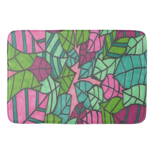 ピンクと緑の熱帯ヤシ葉の バスマット (正面)