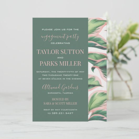 ピンクと緑の熱帯性の葉の婚約パーティ 招待状 (スタンド正面)
