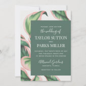 ピンクと緑の熱帯性の葉の結婚式招待状 招待状 (正面)