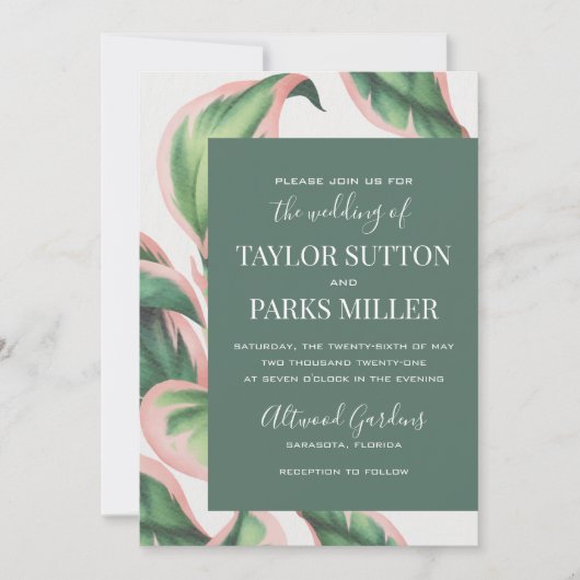 ピンクと緑の熱帯性の葉の結婚式招待状 招待状 (正面)