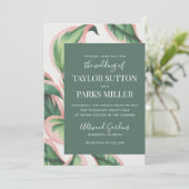 ピンクと緑の熱帯性の葉の結婚式招待状 招待状 (スタンド正面)