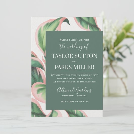 ピンクと緑の熱帯性の葉の結婚式招待状 招待状 (スタンド正面)