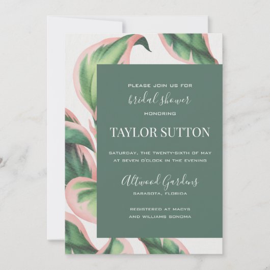 ピンクと緑の熱帯性の葉シャワー招待状 招待状 (正面)