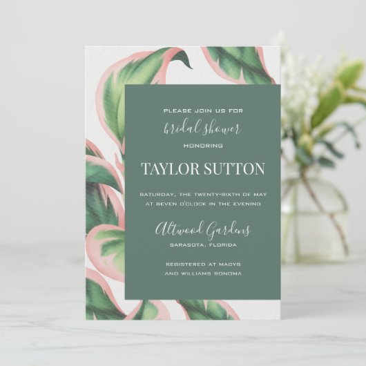 ピンクと緑の熱帯性の葉シャワー招待状 招待状 (スタンド正面)