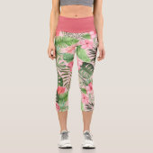 ピンクと緑の熱帯性花 カプリレギンス (正面)