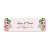 ピンクと緑の熱帯花差出人住所 ラベル (正面)