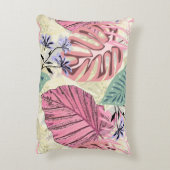 ピンクと緑の熱帯葉の花、青い花。 アクセントクッション (裏面(縦))
