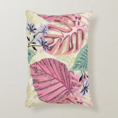 ピンクと緑の熱帯葉の花、青い花。 アクセントクッション (正面(垂直))
