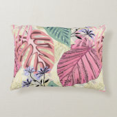 ピンクと緑の熱帯葉の花、青い花。 アクセントクッション (裏面)