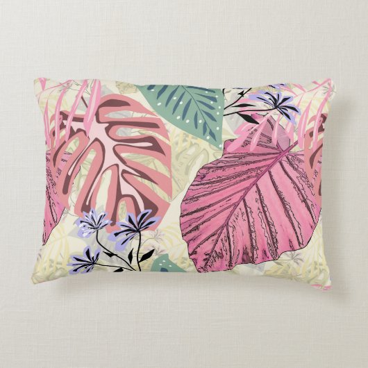 ピンクと緑の熱帯葉の花、青い花。 アクセントクッション (裏面)