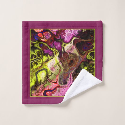 ピンクと緑の絞り染め大理石のパターンとモノグラム バスタオルセット (ウォッシュタオル)