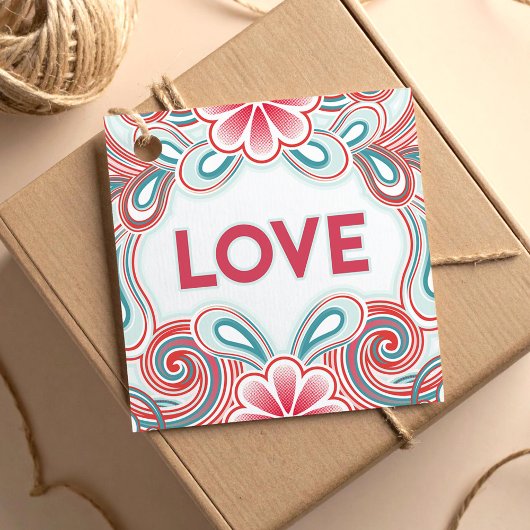 ピンクと緑の花と渦巻きを持つ愛ラベル フェイバータグ