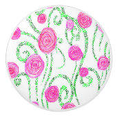 ピンクと緑の花のつる植物 セラミックノブ (正面)