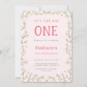 ピンクと緑の花のフローラフレーム1st誕生日 招待状 (正面)