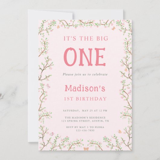 ピンクと緑の花のフローラフレーム1st誕生日 招待状 (正面)