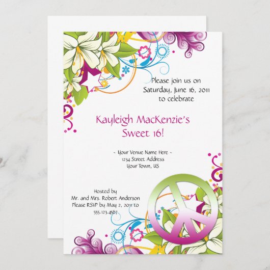 ピンクと緑の花の平和サイン甘い16 招待状 (正面/裏面)
