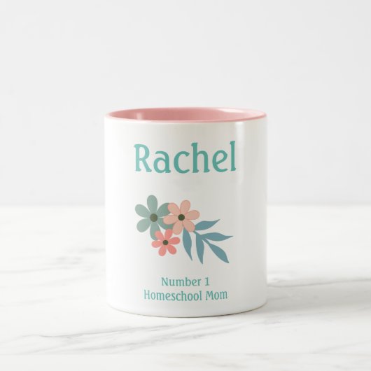 ピンクと緑の花ホームスクールママ ツートーンマグカップ (中央)