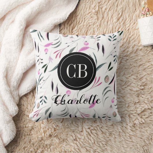 ピンクと緑の葉と果実モノグラムと名前 クッション (ブランケット)