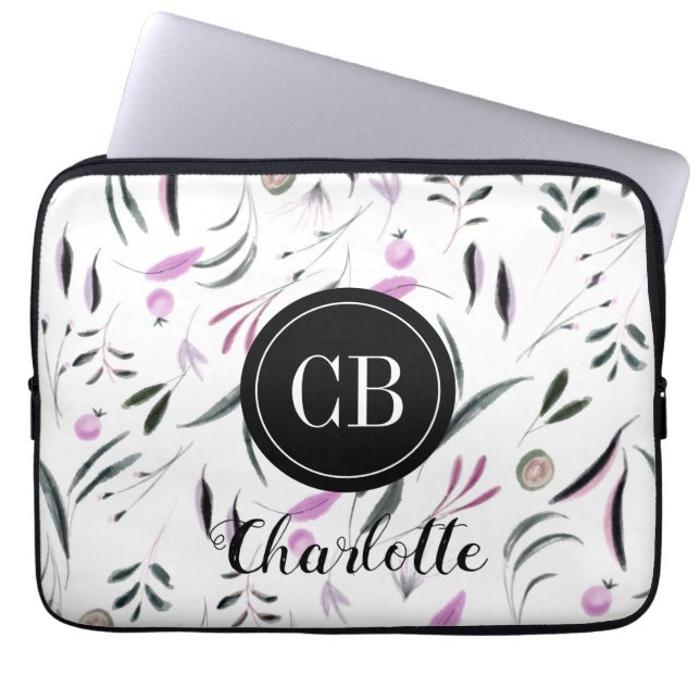 ピンクと緑の葉と果実モノグラムと名前 ラップトップスリーブ (正面)