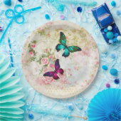 ピンクと緑の蝶のヴィンテージパターン ペーパープレート (パーティー)