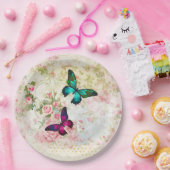 ピンクと緑の蝶のヴィンテージパターン ペーパープレート (パーティー)