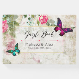 ピンクと緑の蝶の見すぼらしいヴィンテージバラ ゲストブック