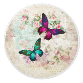 ピンクと緑の蝶の見すぼらしいヴィンテージバラ セラミックノブ (正面)